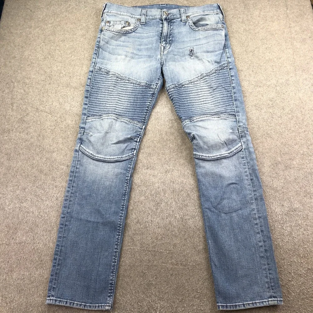 True Religion Jeans Mens 36x33 Blue Light Wash Regular Straight Moto Biker Denim